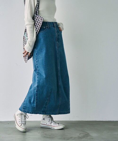 coen（コーエン）の「カーブデニムスカート（デニムスカート・レディース・ダークグレー/コバルトブルー・M/L）」の4枚目の写真