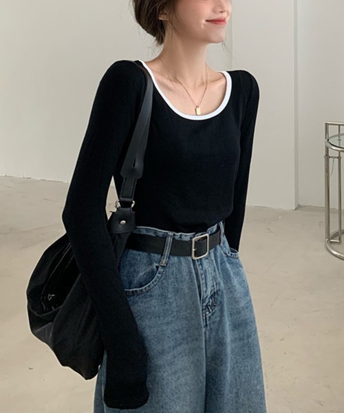 IRADOWL(アイラドール)の「バイカラー無地長袖カットソー(Tシャツ/カットソー・レディース・ブラック/ホワイト/グレー・MEDIUM/LARGE)」の4枚目の写真