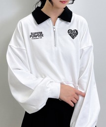 ハーフZIP襟付ショートスウェットトップス