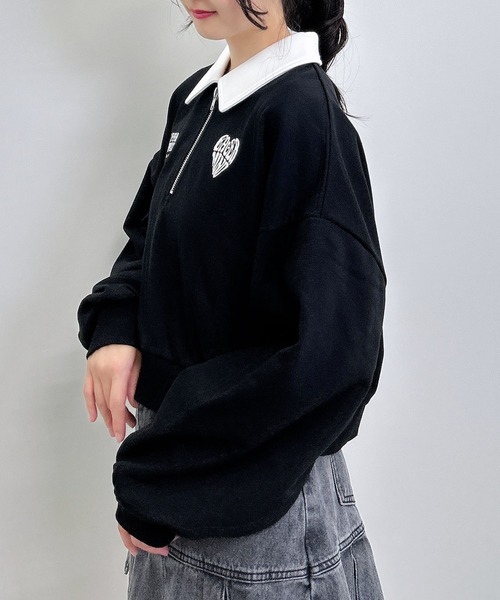 【porinさん専用】黒トップス セール】ハーフZIP襟付ショートスウェットトップス(スウェット
