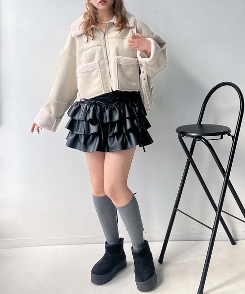 新品同様✩本物✩ムートンコート✩柔らか✩ブラック✩ツルツルの革✩軽いです セール】◇フェイクムートンビッグサイズジャケット（ムートン