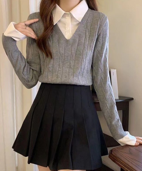 レディース シャツ ニット パッチワーク レイヤード セーター デニム襟 韓国 女性　厚手 ニット 上着 22冬  ゆったり モデル シャツ シャツ ニット レディース パッチワーク レイヤード セーター