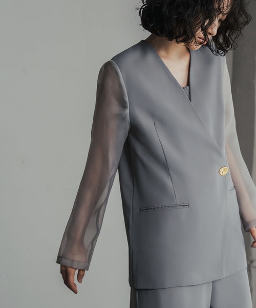 Flolia（フロリア）の「シアースリーブジャケット・オールインワン セットアップ パンツドレス パーティードレス 結婚式 お呼ばれ オケージョン ビジネス 七五三 二次会 成人式 同窓会 謝恩会 フォーマル セレモニー 卒業式 卒園式 入学式 入園式 ママスーツ【洗える】（パンツドレス・レディース・グレー/ブラック・S/M/L/2L）」の5枚目の写真