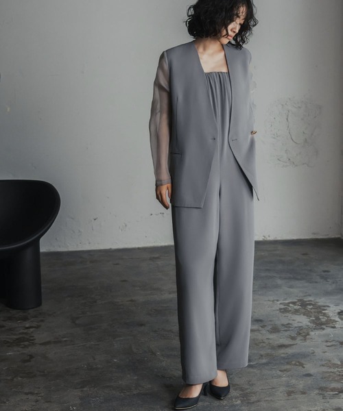 Flolia（フロリア）の「シアースリーブジャケット・オールインワン セットアップ パンツドレス パーティードレス 結婚式 お呼ばれ オケージョン ビジネス 七五三 二次会 成人式 同窓会 謝恩会 フォーマル セレモニー 卒業式 卒園式 入学式 入園式 ママスーツ【洗える】（パンツドレス・レディース・グレー/ブラック・S/M/L/2L）」の8枚目の写真