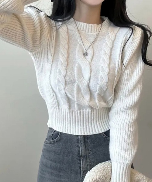 Girly Doll(ガーリードール)の「クルーネックケーブルニット(ニット/セーター・レディース・ホワイト/モカ/グレー/ブラック・FREE)」の5枚目の写真