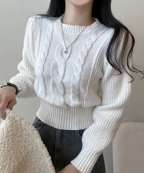 Girly Doll(ガーリードール)の「クルーネックケーブルニット(ニット/セーター・レディース・ホワイト/モカ/グレー/ブラック・FREE)」の9枚目の写真