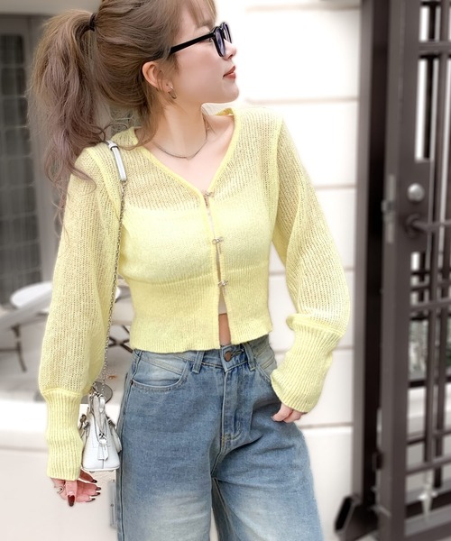 mily bilet(ミウィビレット)の「【mily bilet】ぽわっと透け感。大人かわいいの最上級♪透かし編みビジューリボンボタンニットカーディガン(ショート丈)(カーディガン/ボレロ・レディース・ピンク/アイボリー/ブラック/イエロー/ブルー・X-LARGE/SMALL/MEDIUM/LARGE)」の18枚目の写真