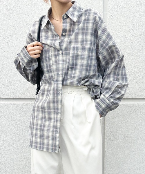select MOCA(セレクトモカ)の「フロントポケットチェックシャツ(シャツ/ブラウス・レディース・グレー/ブルー/ブラック・FREE)」の2枚目の写真