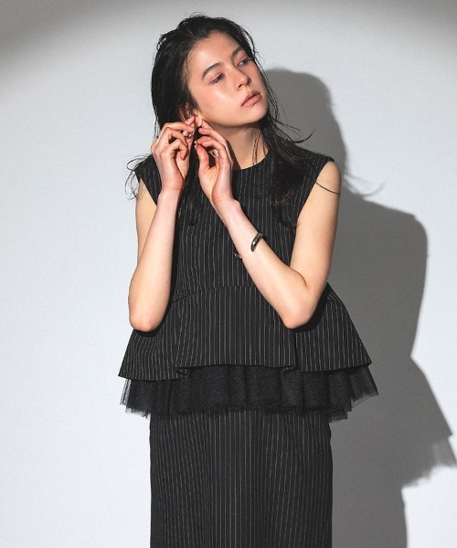 DONOBAN(ドノバン)の「【ANDRESD】pinstripe peplum setup dress セットアップ ドレス ブラウス スカート 2点セット セレモニー 結婚式 二次会 同窓会 成人式 入学式 卒業式 お呼ばれ パーティードレス オケージョンドレス(ドレス・レディース・ブラック/ベージュ・L/M/S)」の8枚目の写真