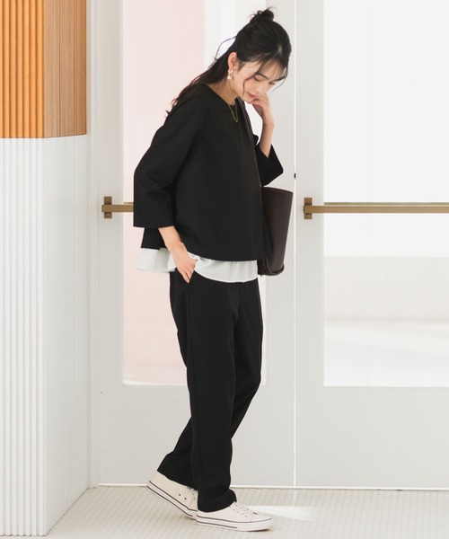 【セレモニースーツ/洗える/防シワ/UV/花粉防止】レイヤード風トップス・アンクル丈テーパードパンツ 2点セット