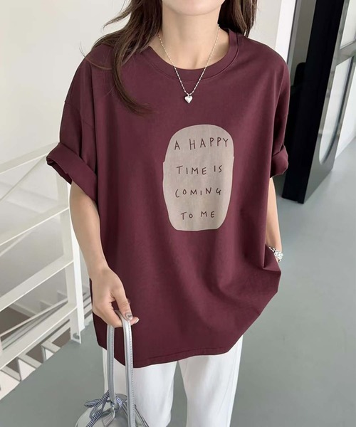 aimoha（アイモハ）の「シンプルメッセージプリントTシャツ（Tシャツ/カットソー・レディース・グリーン/ワインレッド/オレンジ/ブラック/ホワイト・FREE）」の4枚目の写真