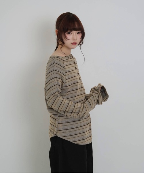 セール】ストライプ ボタン オフショルダー Tシャツ ベージュ ブラック
