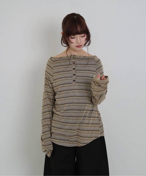 セール】ストライプ ボタン オフショルダー Tシャツ ベージュ ブラック