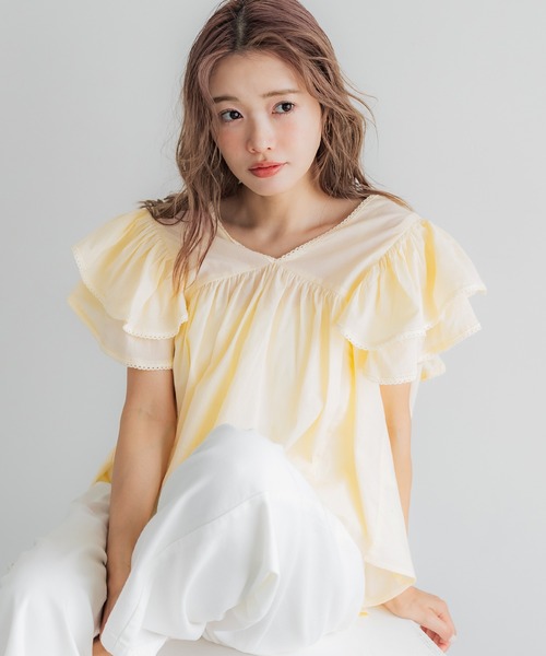 coca（coca）（コカ）の「Vネック袖フリルブラウス（シャツ/ブラウス・レディース・イエロー/チャコール/ホワイト/グレイッシュベージュ・L/M）」の21枚目の写真