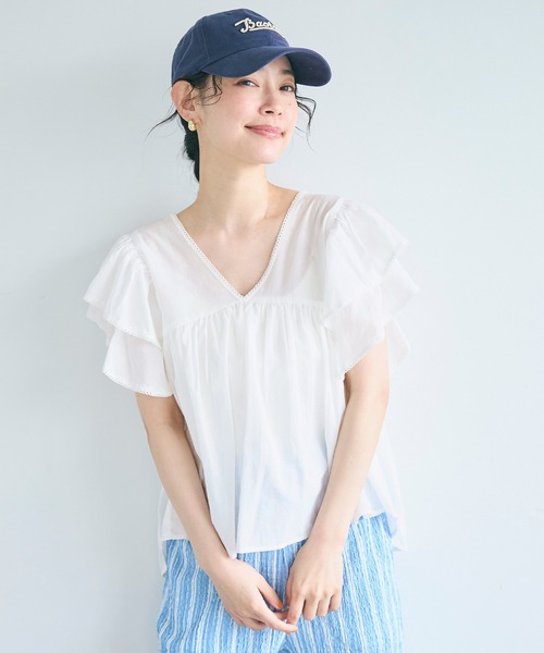 coca（coca）（コカ）の「Vネック袖フリルブラウス（シャツ/ブラウス・レディース・イエロー/チャコール/ホワイト/グレイッシュベージュ・L/M）」の8枚目の写真