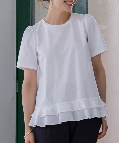 Sono(ソーノ)の「【SONO/ソーノ】エクセレントコットンミニティアードフレアTEE(Tシャツ/カットソー・レディース・ホワイト/ホワイト×ブラック/ブラック・1/2)」の2枚目の写真