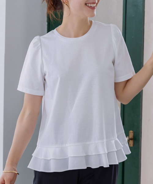 Sono(ソーノ)の「【SONO/ソーノ】エクセレントコットンミニティアードフレアTEE(Tシャツ/カットソー・レディース・ホワイト/ホワイト×ブラック/ブラック・1/2)」の4枚目の写真