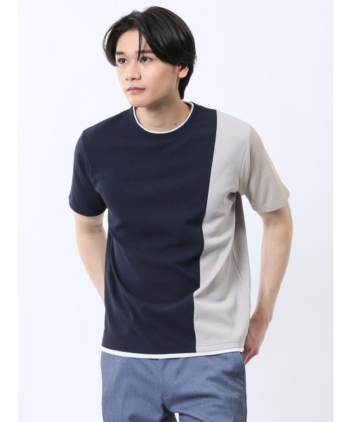 TAKA-Q(タカキュー)の「【ストレッチ 吸水速乾】タカキュー ポンチ配色 クルーネック 半袖 Tシャツ(Tシャツ/カットソー・メンズ・ネイビー/ホワイト・MEDIUM/LARGE/X-LARGE)」の1枚目の写真