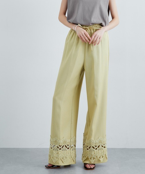 slattgir(スラットジール)の「高身長 裾レースデザインリラックスワイドパンツ(トールサイズ)(その他パンツ・レディース・ライム/ブラック・TM/TL/TLL/T3L/T4L/T5L)」の1枚目の写真