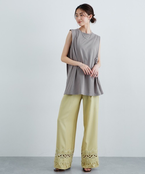 slattgir(スラットジール)の「高身長 裾レースデザインリラックスワイドパンツ(トールサイズ)(その他パンツ・レディース・ライム/ブラック・TM/TL/TLL/T3L/T4L/T5L)」の3枚目の写真