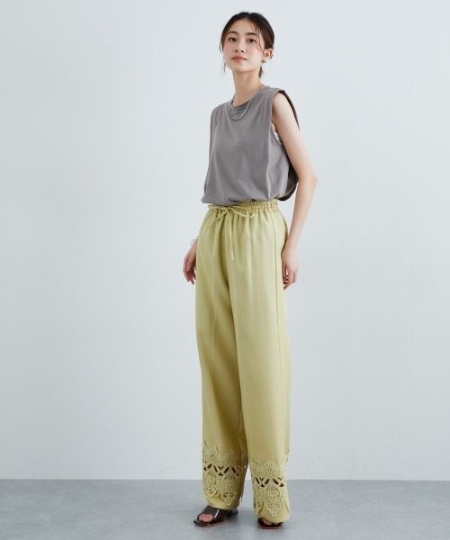 slattgir(スラットジール)の「高身長 裾レースデザインリラックスワイドパンツ(トールサイズ)(その他パンツ・レディース・ライム/ブラック・TM/TL/TLL/T3L/T4L/T5L)」の5枚目の写真
