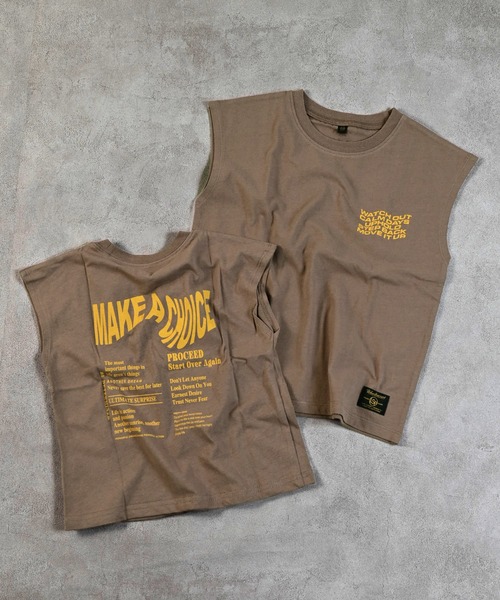 Life Support Products(ライフサポートプロダクツ)の「前後プリントノースリーブTシャツ(Tシャツ/カットソー・キッズ・パープル/チャコール/イエロー/モカ/ホワイト/ライトグリーン/オフホワイト/ブルー・80/90/110/130/140/150/95/100/120)」の1枚目の写真