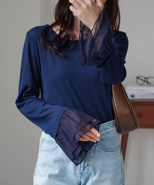 RANAN(ラナン)の「フレアーチュール袖スラブシアープルオーバー(Tシャツ/カットソー・レディース・ブラック/ホワイト/ライトグレー/ボルドー/ネイビー/イエロー・M/L/LL)」の4枚目の写真