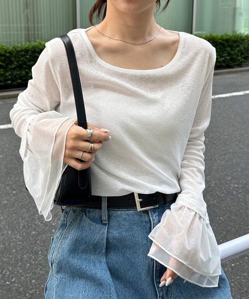 RANAN(ラナン)の「フレアーチュール袖スラブシアープルオーバー(Tシャツ/カットソー・レディース・ブラック/ホワイト/ライトグレー/ボルドー/ネイビー/イエロー・M/L/LL)」の1枚目の写真
