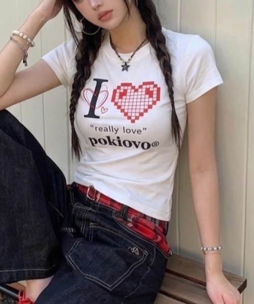 LADY LIKE(レディライク)の「I LOVEハートプリントTシャツ(Tシャツ/カットソー・レディース・ブラック/ブルー/ホワイト/レッド/ピンク・M)」の2枚目の写真