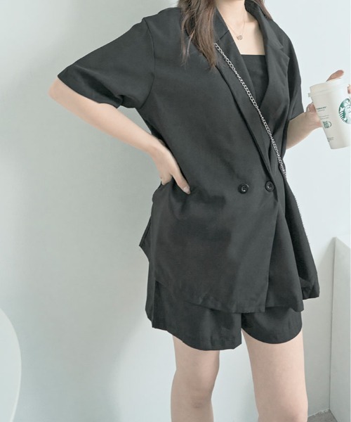 kirakiraShop（キラキラショップ）の「半袖 ジャケット+ショートパンツ セットアップ（セットアップ・レディース・ブラック/カーキ/アイボリー・FREE）」の5枚目の写真
