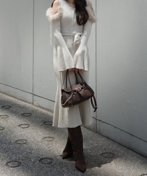 【^_^】many wayショルダーフェイクファーニットワンピース rienda | many wayショルダーフェイクファーニットワンピース