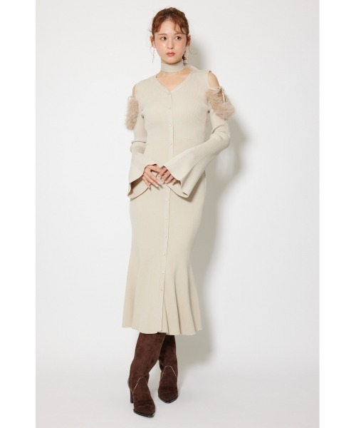 【^_^】many wayショルダーフェイクファーニットワンピース 2025AW】many wayショルダーフェイクファーニットワンピース 秋