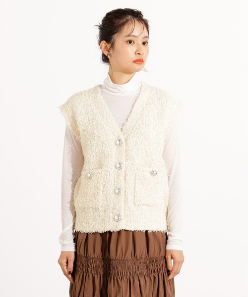 N.（N. Natural Beauty Basic）（エヌエヌナチュラルビューティーベーシック）の「Vネックニットジレ（ベスト・レディース・オフホワイト/ブラウン・MEDIUM）」の5枚目の写真