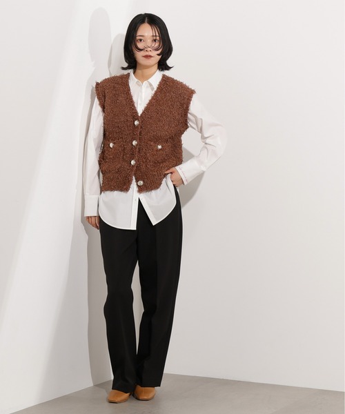 N.（N. Natural Beauty Basic）（エヌエヌナチュラルビューティーベーシック）の「Vネックニットジレ（ベスト・レディース・オフホワイト/ブラウン・MEDIUM）」の14枚目の写真