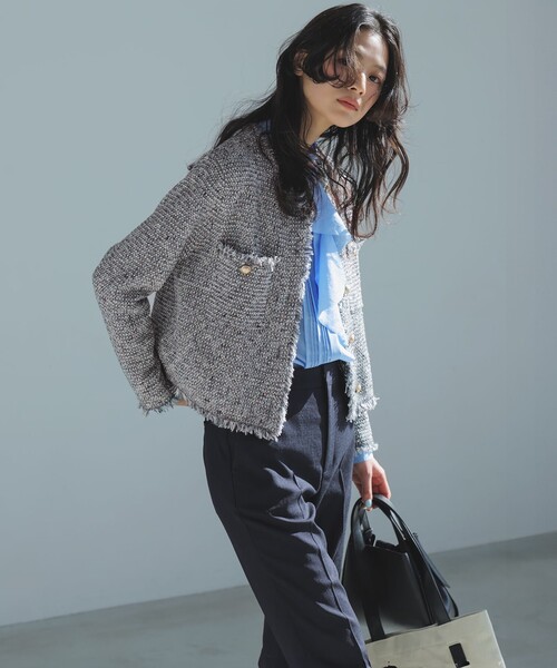 ツイード ニット ジャケット（ノーカラージャケット）｜23区 L