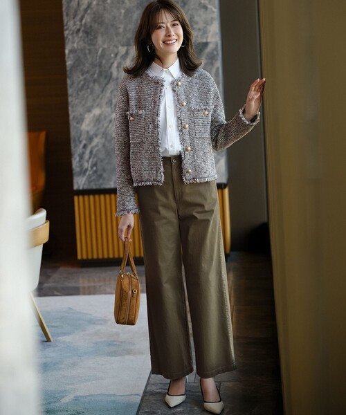 美品✨LOUNIE 23AW ノーカラーニットツイードジャケット ツイード ニット ジャケット（ノーカラージャケット）｜23区 L