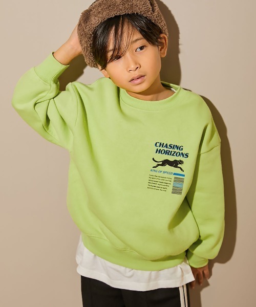 devirock（デビロック）の「デビラボ プリント 裏起毛 BIGシルエットトレーナー（スウェット・キッズ・ピンク系1/ブルー系1/ピンク系2/ブラック系1/グレー系1/ブラック系3/グリーン系2/ベージュ系2/ブラック系2/グリーン系1/ベージュ系1/ブラック系4/ブルー系2/グレー系2・90cm/100cm/110cm/120cm/130cm/140cm/150cm/160cm）」の9枚目の写真