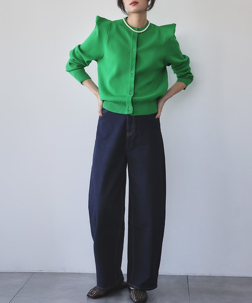 セール】【2025AW】パワーショルダー クルーネック ニットカーディガン