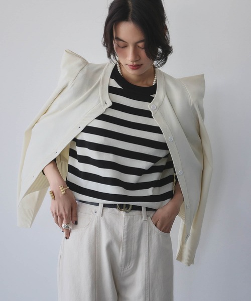 ELFRANK（エルフランク）の「パワーショルダー クルーネック ニットカーディガン（カーディガン/ボレロ・レディース・ブラック/オフホワイト/ブラック×ホワイト/グリーン・M/L）」の7枚目の写真