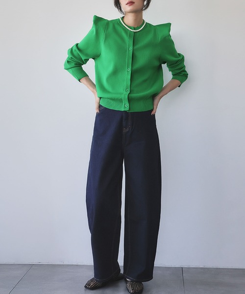 ELFRANK（エルフランク）の「パワーショルダー クルーネック ニットカーディガン（カーディガン/ボレロ・レディース・ブラック/オフホワイト/ブラック×ホワイト/グリーン・M/L）」の8枚目の写真