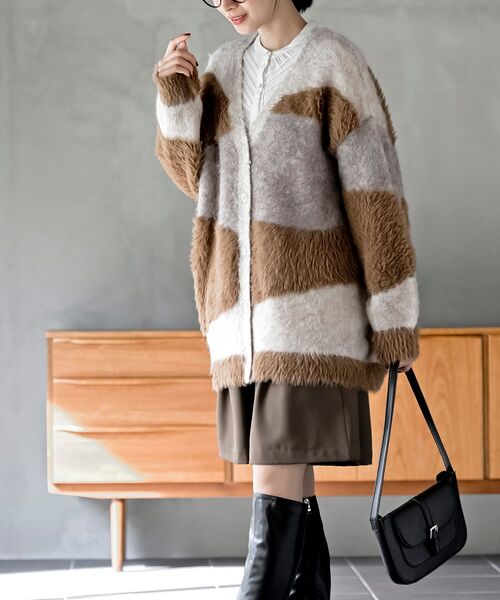 rps（アールピーエス）の「異素材ＭＩＸ×柄ニットカーディガン（カーディガン/ボレロ・レディース・パープル/ブラウン/グレー・フリー）」の5枚目の写真