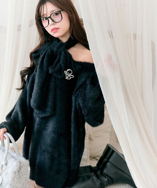 OLIVE des OLIVE（オリーブデオリーブ）の「【TwinkleCollection】マフラー付きニットワンピ（ワンピース・レディース・ブラック/オフホワイト/ピンク/レッド・FREE）」の12枚目の写真