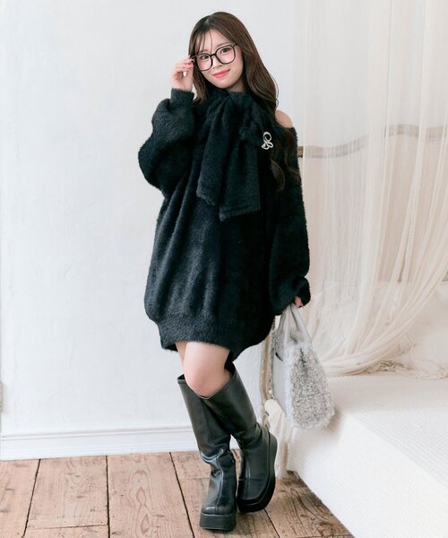 OLIVE des OLIVE（オリーブデオリーブ）の「【TwinkleCollection】マフラー付きニットワンピ（ワンピース・レディース・ブラック/オフホワイト/ピンク/レッド・FREE）」の15枚目の写真