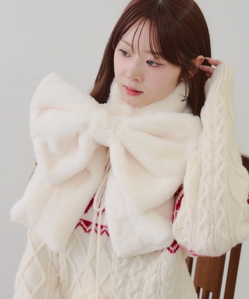 ビッグリボンフェイクファースヌード（ネックウォーマー/スヌード