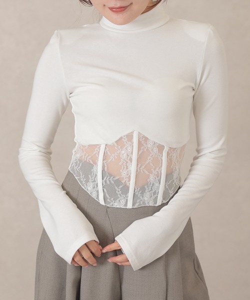 Lace Ladies(レースレディース)の「ハイネック レース ドッキング デザイン トップス(Tシャツ/カットソー・レディース・ブラック/ホワイト・FREE)」の2枚目の写真