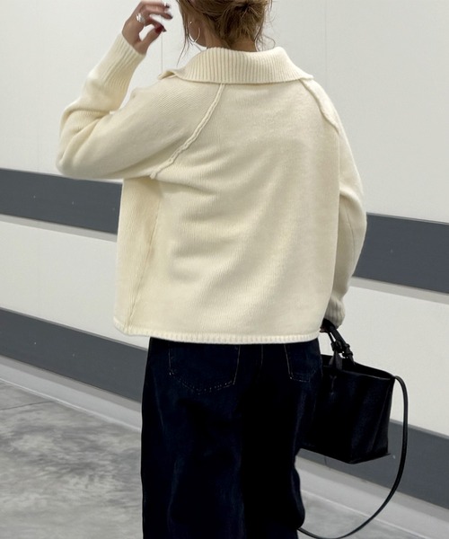 ISOOK（アイスー）の「スタンドカラーダブルジップニット(chiica select) / ドライバーズニット ジップアップ カーディガン 羽織り スタンドカラー 長袖 ミドル丈 ホワイト グレー シンプルニット 白 無地（カーディガン/ボレロ・レディース・アイボリー/グレー・FREE）」の7枚目の写真