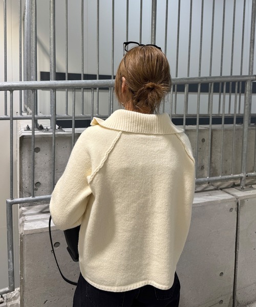 ISOOK（アイスー）の「スタンドカラーダブルジップニット(chiica select) / ドライバーズニット ジップアップ カーディガン 羽織り スタンドカラー 長袖 ミドル丈 ホワイト グレー シンプルニット 白 無地（カーディガン/ボレロ・レディース・アイボリー/グレー・FREE）」の13枚目の写真