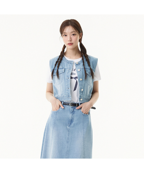 PLASTIC ISLAND（プラスティックアイランド）の「ノーカラー デニムベスト PR2DV481（ベスト・レディース・スカイブルー・SMALL/MEDIUM）」の4枚目の写真