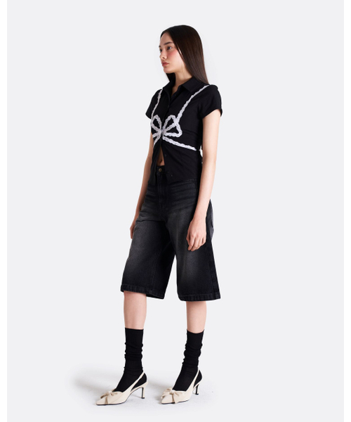 SIO（シオ）の「リボンディテールショートスリーブシャツ[ブラック]（シャツ/ブラウス・レディース・ブラック・SMALL/MEDIUM）」の4枚目の写真