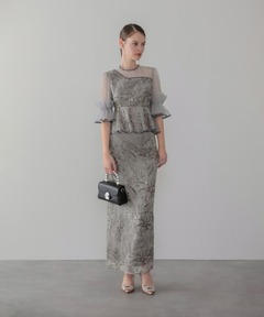 シアーパフスリーブペプラムスパンコール花柄Iラインドレスワンピース 2点セット セール】【LEJA】フラワースパンコールシアーフリルIラインワンピース